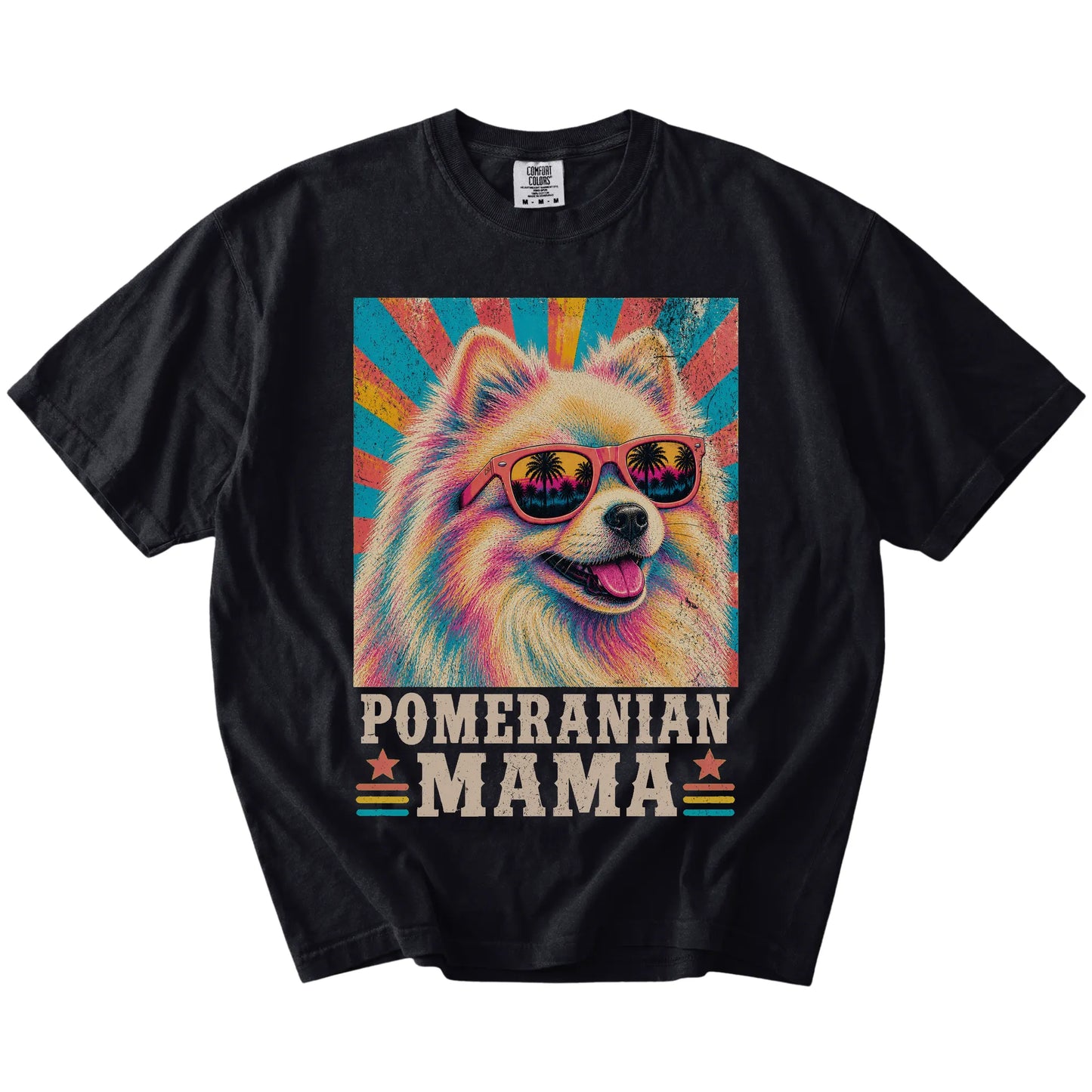 Retro Pomeranian Mama design on a Black Comfort Colors T-shirt