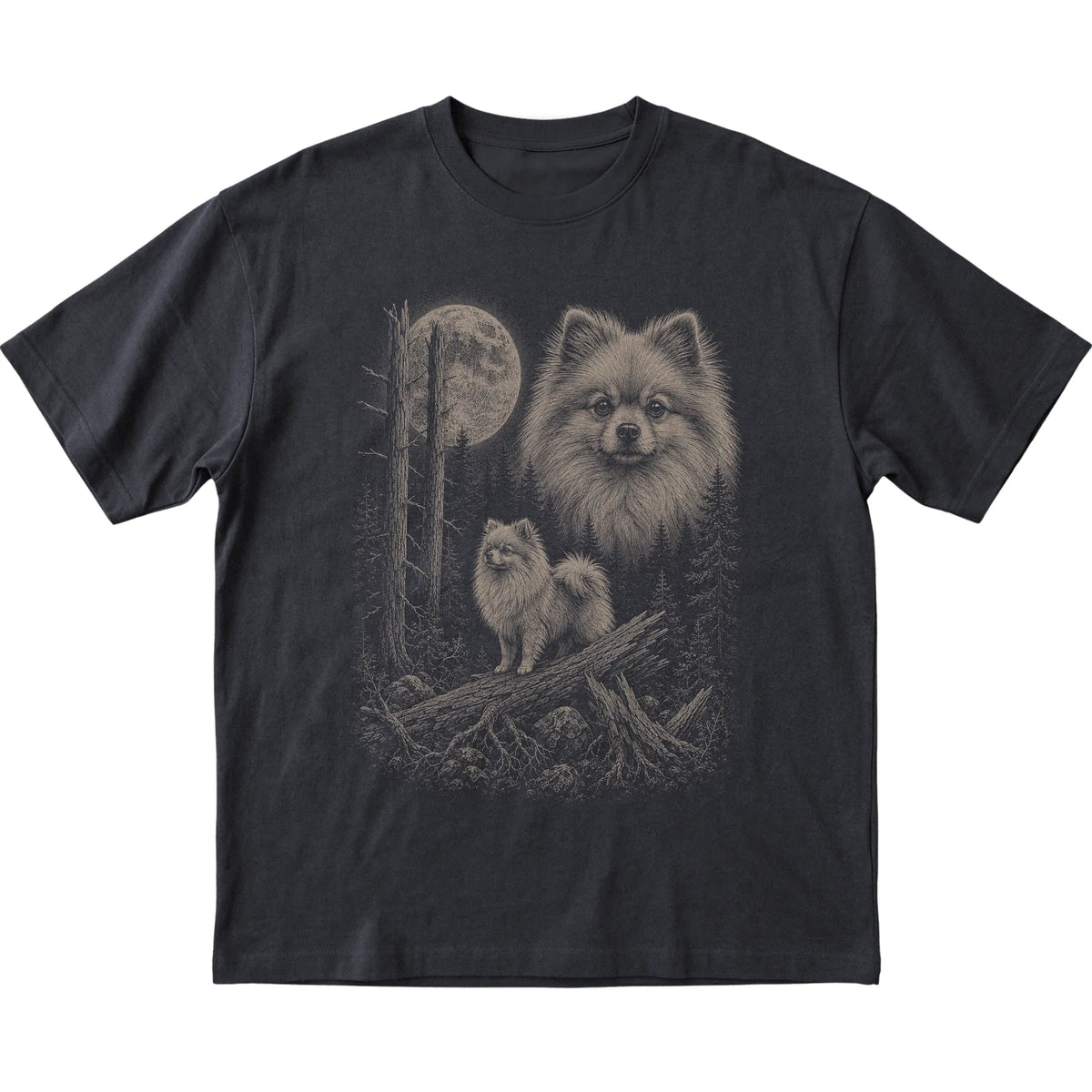 Pomeranian Moonlit Forest graphic on a black Softstyle T-shirt laid flat
