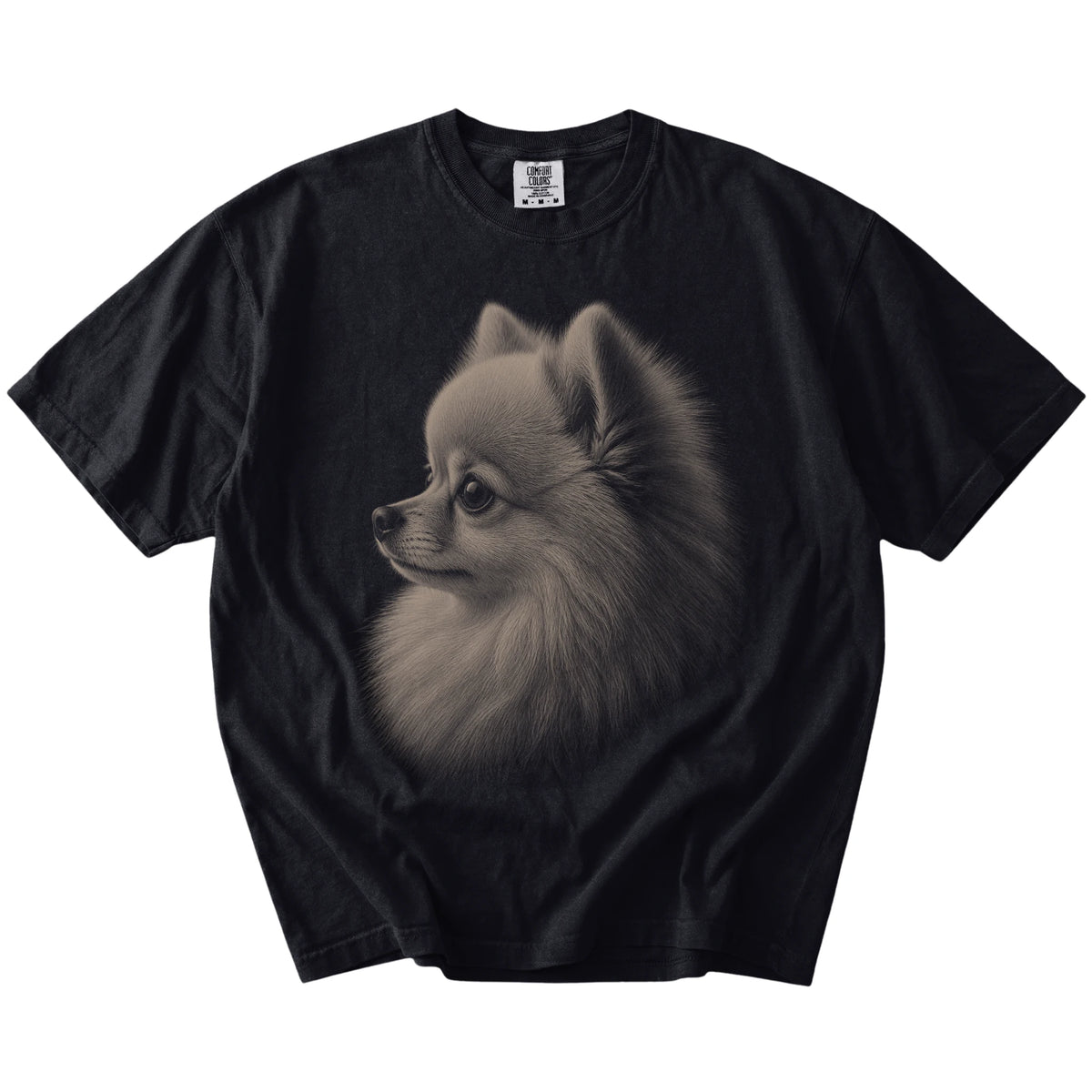A detailed photographic portrait of a Pomeranian on a Black Comfort Colors® T-shirt