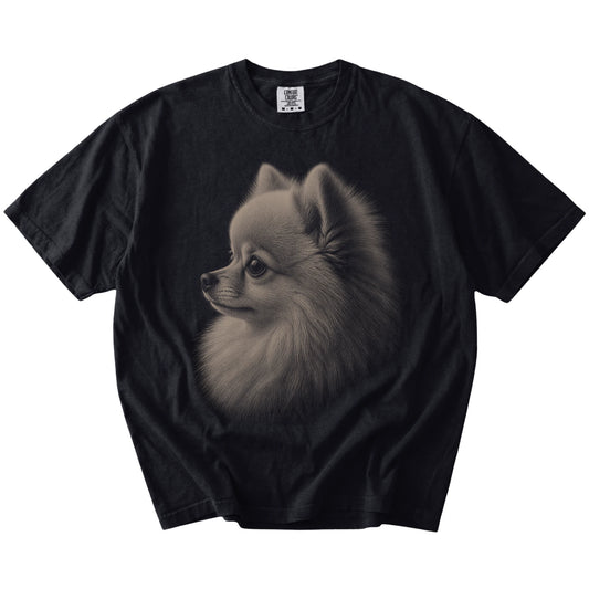 A detailed photographic portrait of a Pomeranian on a Black Comfort Colors® T-shirt
