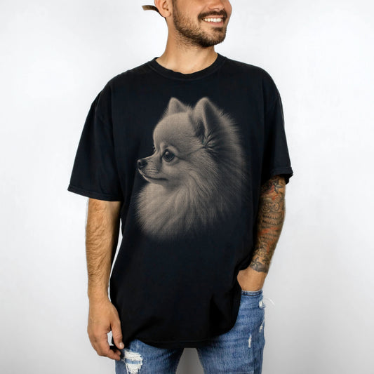 Model wearing a Black Comfort Colors® T-shirt with a detailed photographic portrait of a Pomeranian