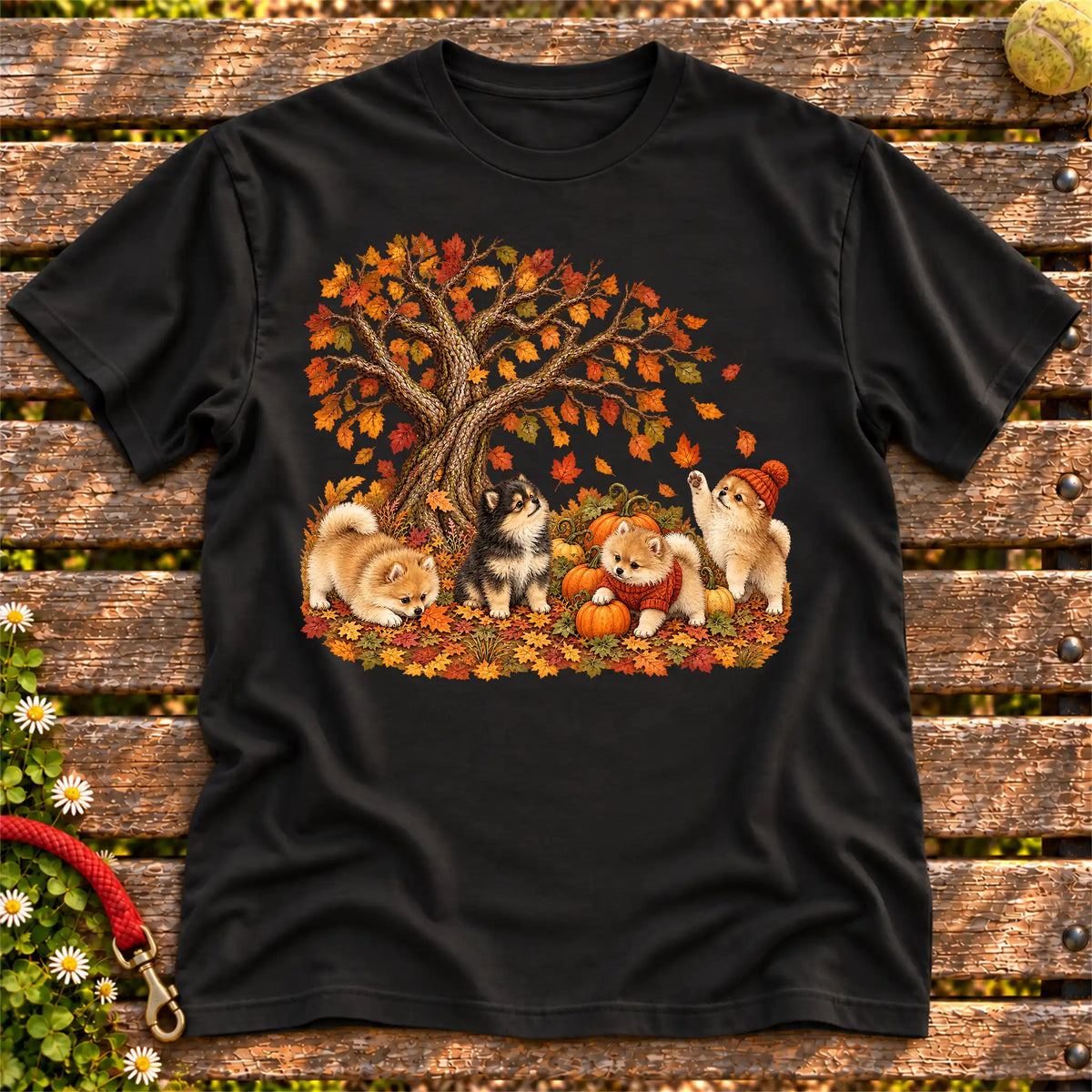 Four Pomeranian puppies with pumpkins beneath an autumn tree on a Black softstyle T-shirt