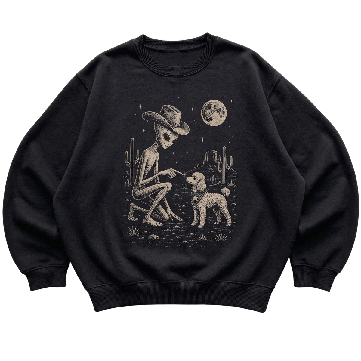 Black crewneck sweatshirt featuring Poodle Cowboy and Alien, laid-flat presentation