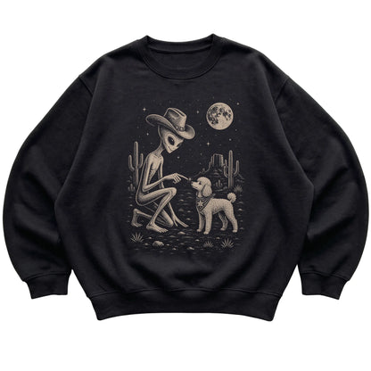Black crewneck sweatshirt featuring Poodle Cowboy and Alien, laid-flat presentation