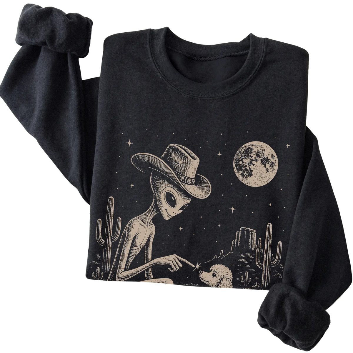 Black crewneck sweatshirt featuring Poodle Cowboy and Alien, folded presentation