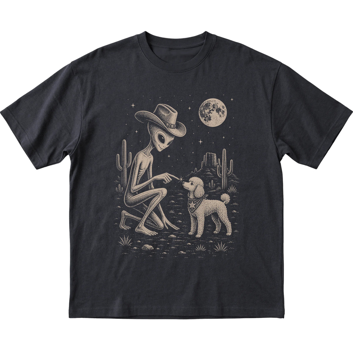 Black T-shirt featuring Poodle Cowboy and Alien, laid-flat presentation