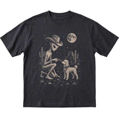 Black T-shirt featuring Poodle Cowboy and Alien, laid-flat presentation