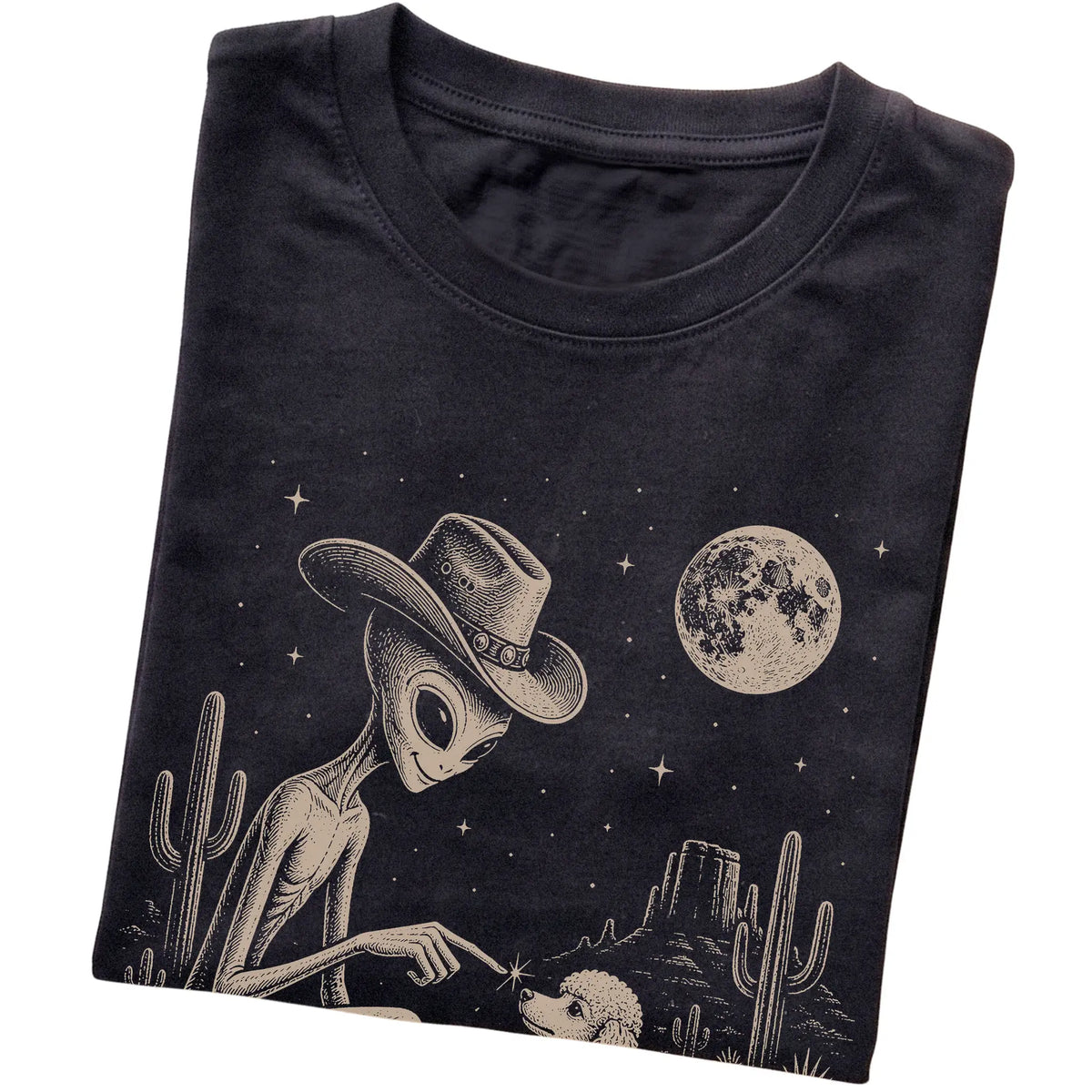 Black T-shirt featuring Poodle Cowboy and Alien, folded presentation