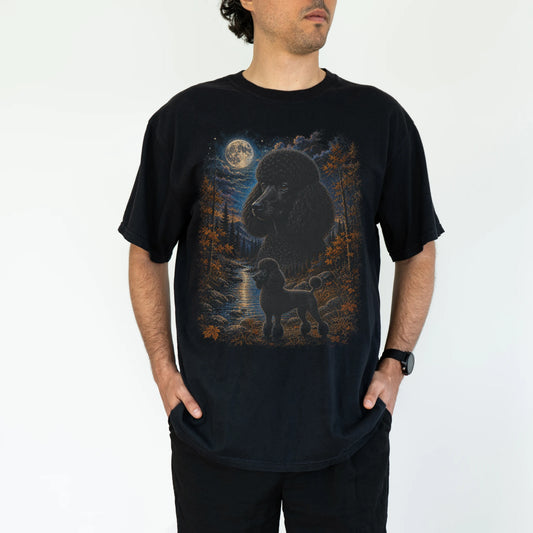 Model wearing a black T-shirt with Poodle Autumn Moon artwork.