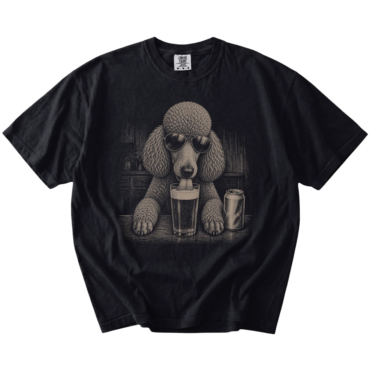 Poodle sneaking a drink from a foamy pint at home on a Black Comfort Colors® t-shirt