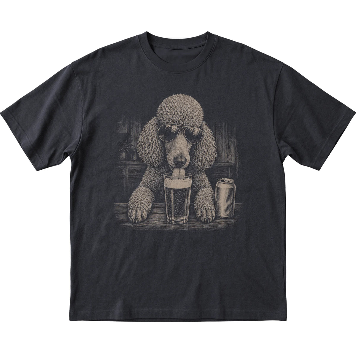 Black Poodle drinking from a pint at a bar, laid flat