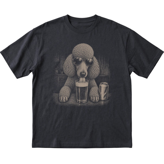 Black Poodle drinking from a pint at a bar, laid flat