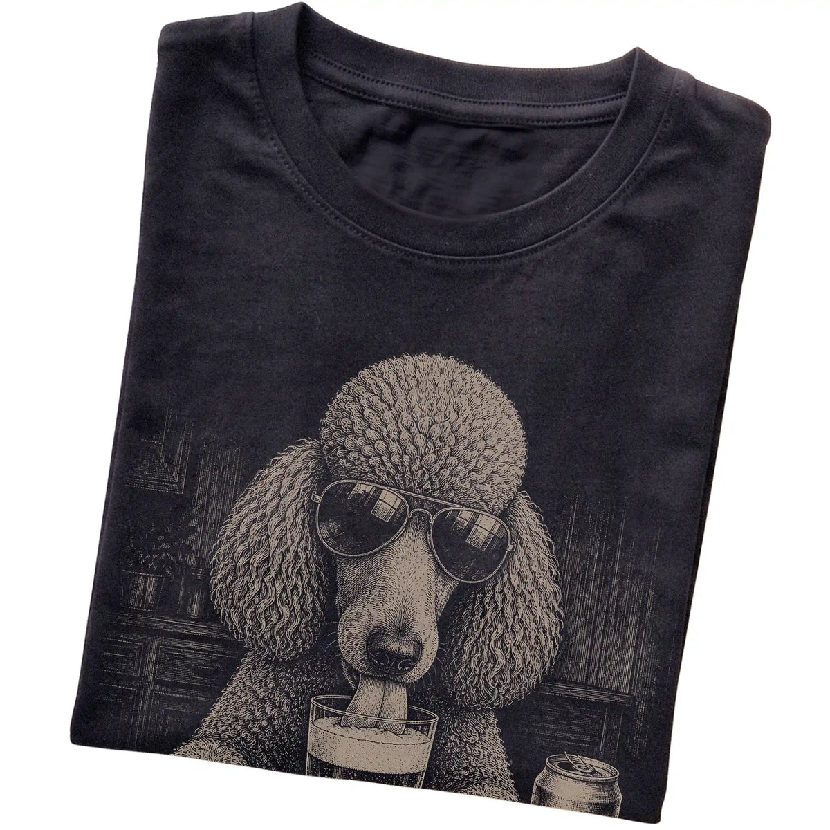 Black Poodle drinking from a pint at a bar, folded detail view