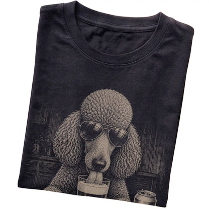 Black Poodle drinking from a pint at a bar, folded detail view