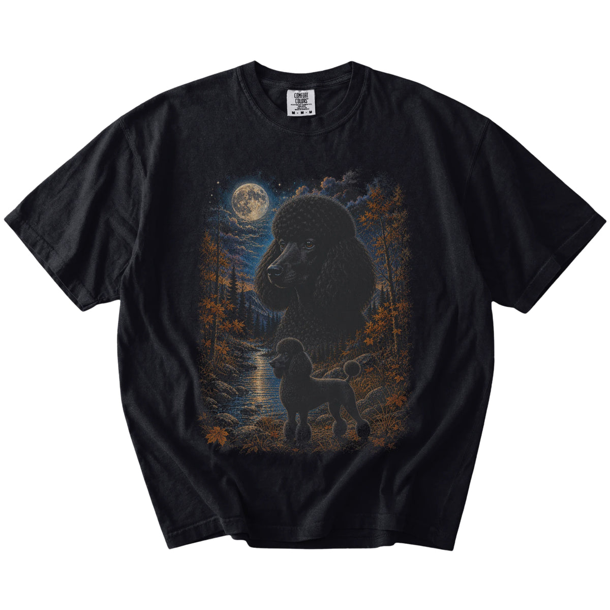 Poodle in a moonlit fall forest scene on a Black Comfort Colors® t-shirt