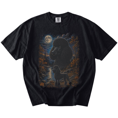 Poodle in a moonlit fall forest scene on a Black Comfort Colors® t-shirt