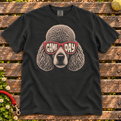 Poodle Game Day design on a Black Comfort Colors T-shirt, shown flat