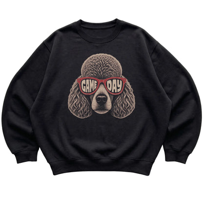 Black Poodle Game Day Sunglasses sweatshirt, laid flat