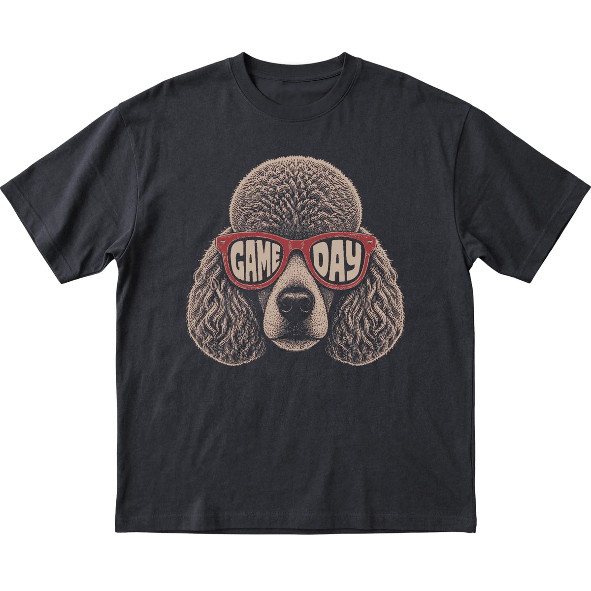 Black Poodle Game Day Sunglasses T-shirt, laid flat