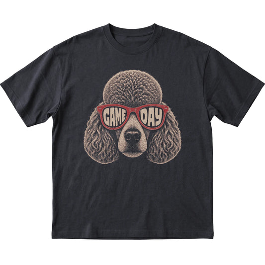 Black Poodle Game Day Sunglasses T-shirt, laid flat