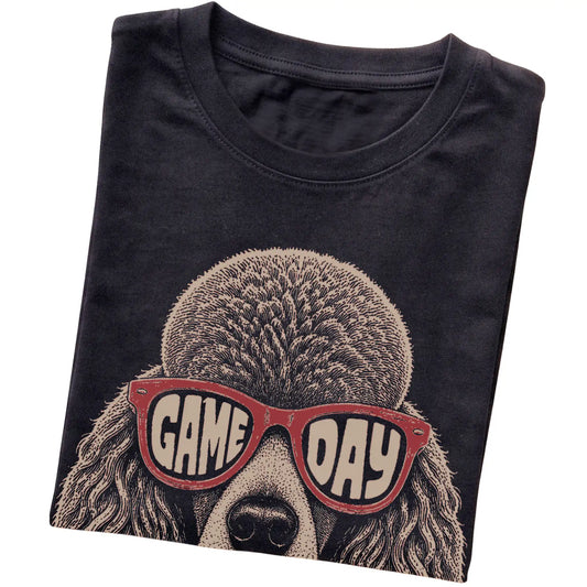 Black Poodle Game Day Sunglasses T-shirt, folded