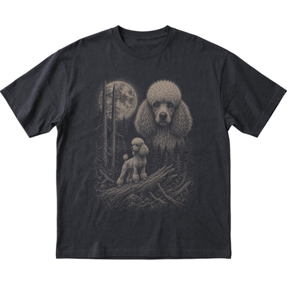 Poodle Moonlit Forest graphic on a black Softstyle T-shirt laid flat