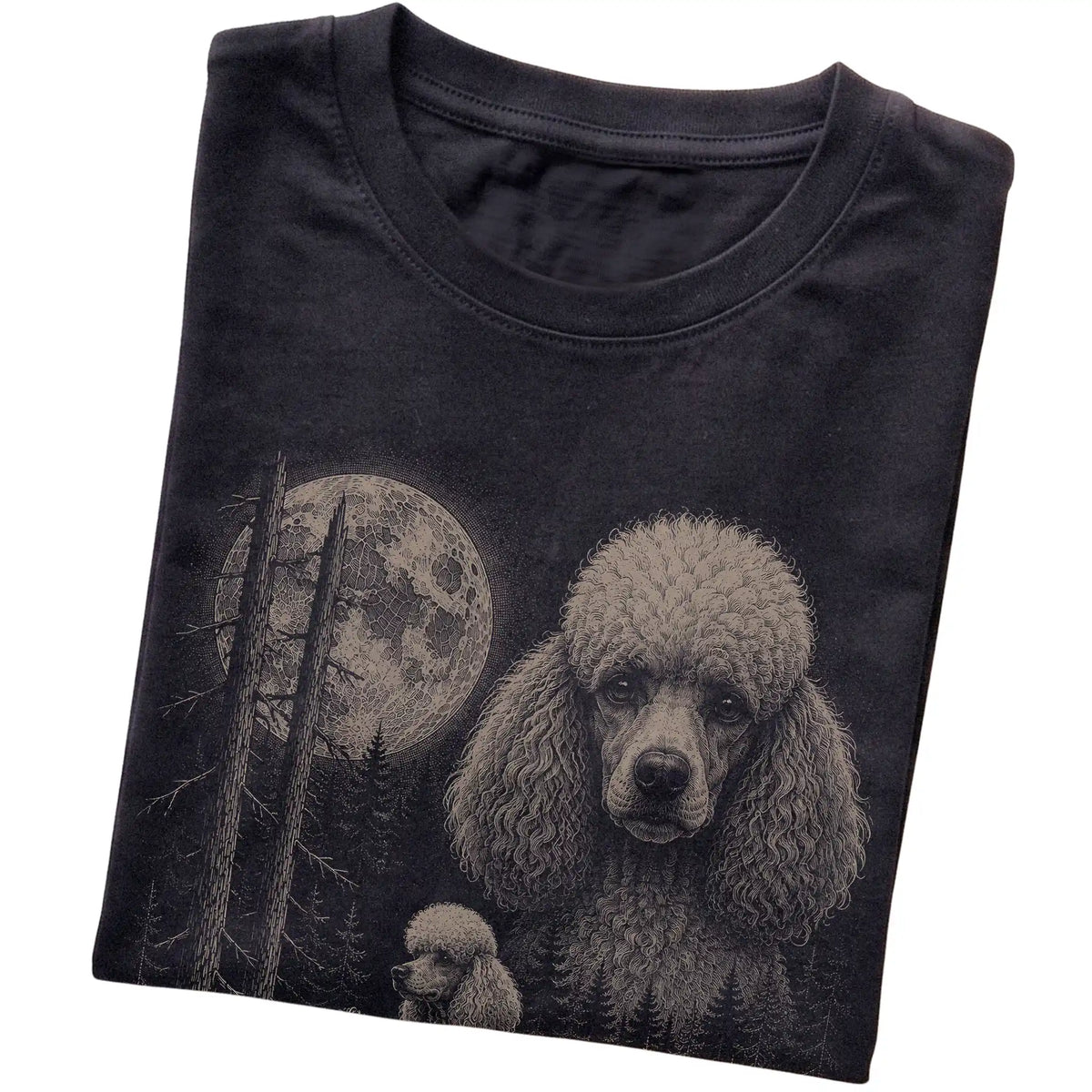 Folded black Softstyle T-shirt showing the Poodle Moonlit Forest graphic