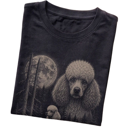 Folded black Softstyle T-shirt showing the Poodle Moonlit Forest graphic