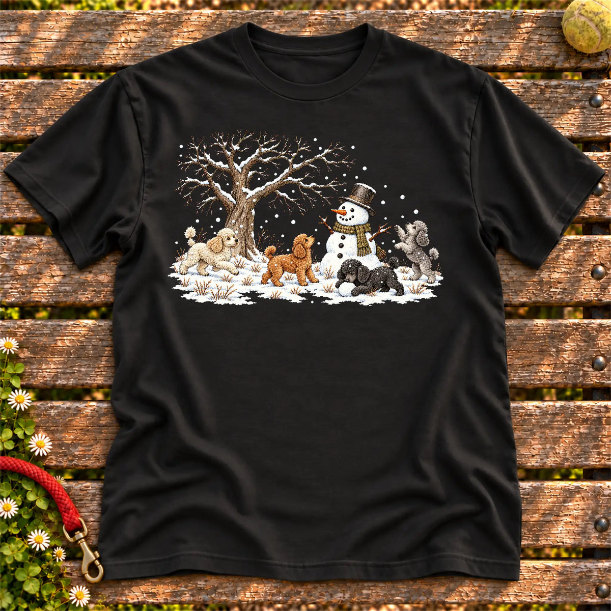 Poodle puppies playing in snow with a snowman on a Black T-shirt