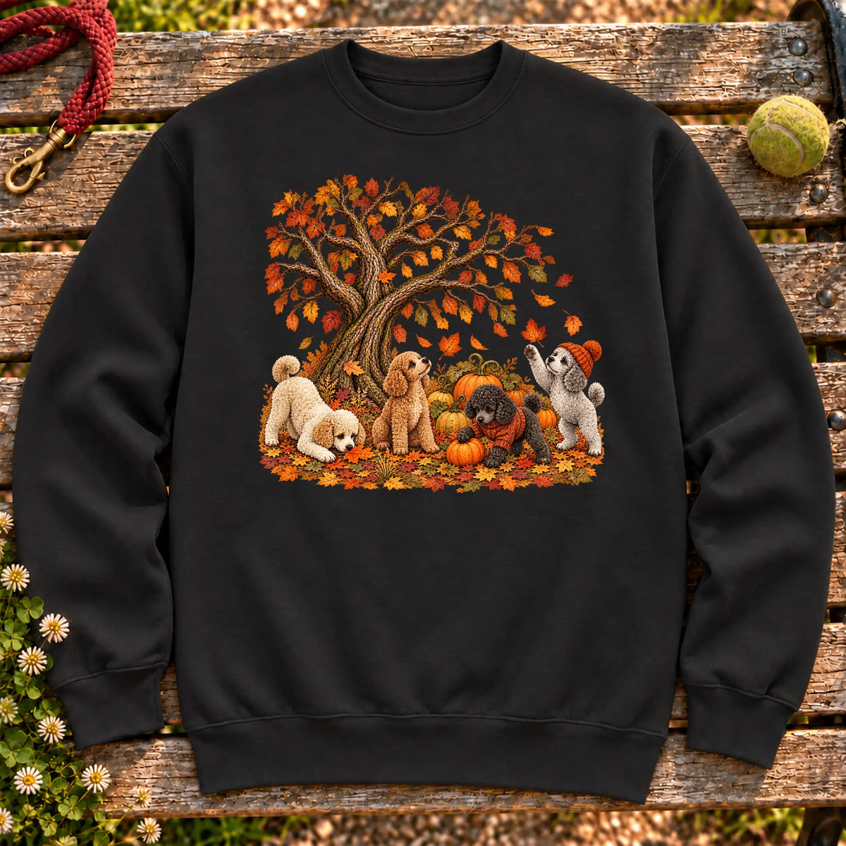 Four Poodle puppies with pumpkins beneath an autumn tree on a Black crewneck sweatshirt