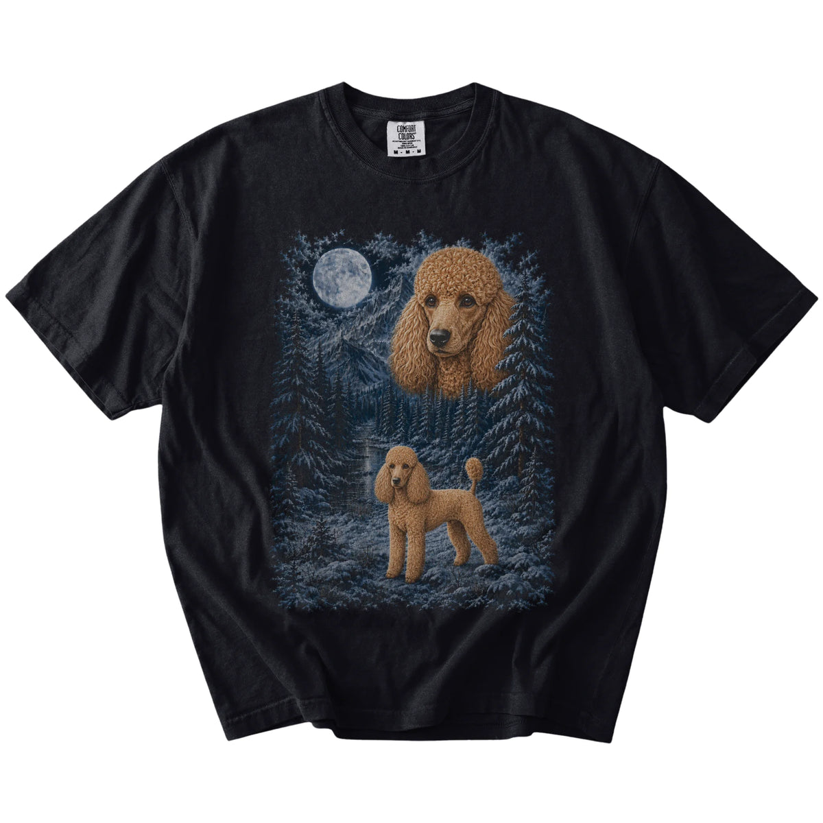 black T-shirt with Poodle Winter Moon artwork.