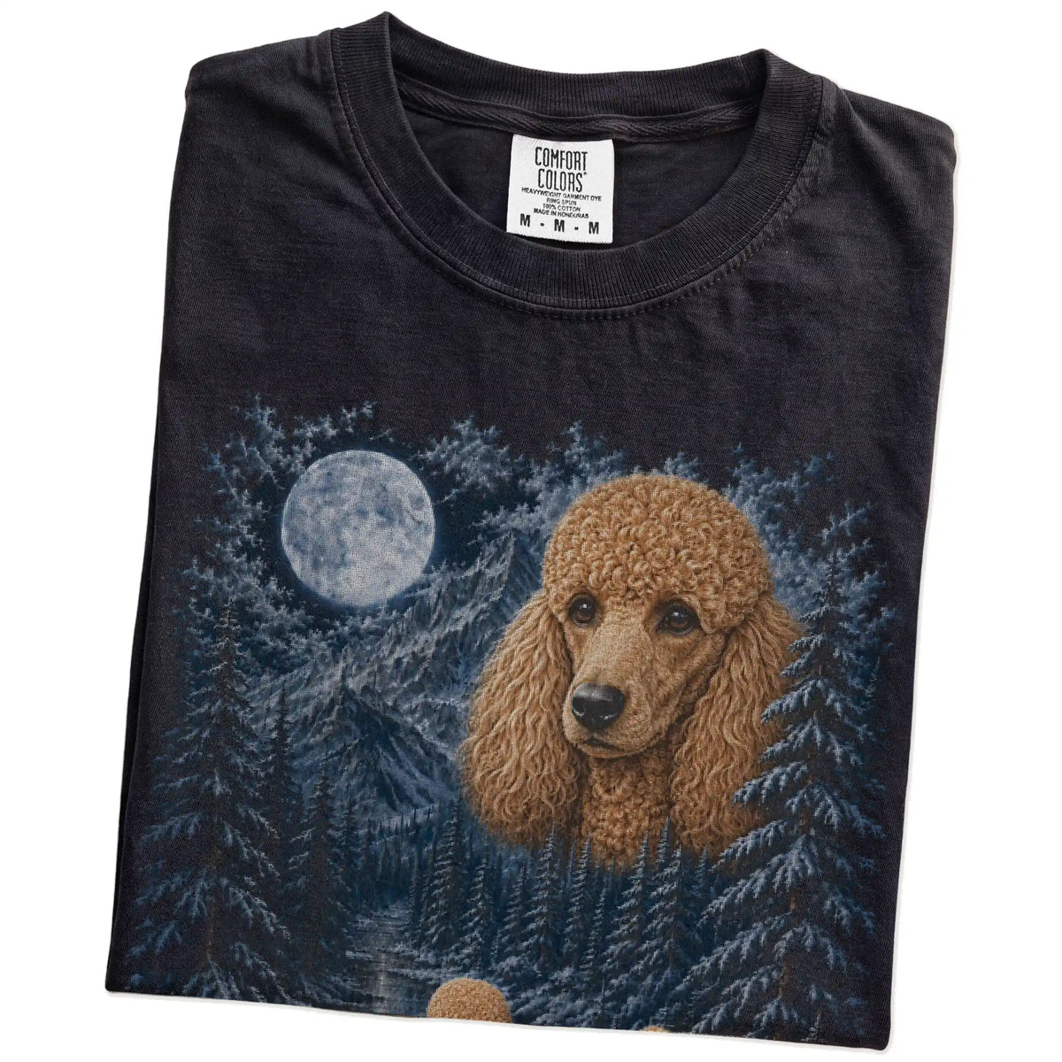 Folded black T-shirt with Poodle Winter Moon artwork.
