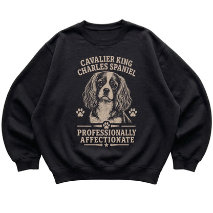 Black crewneck sweatshirt featuring Professionally Affectionate - Cavalier King Charles Spaniel, laid-flat presentation