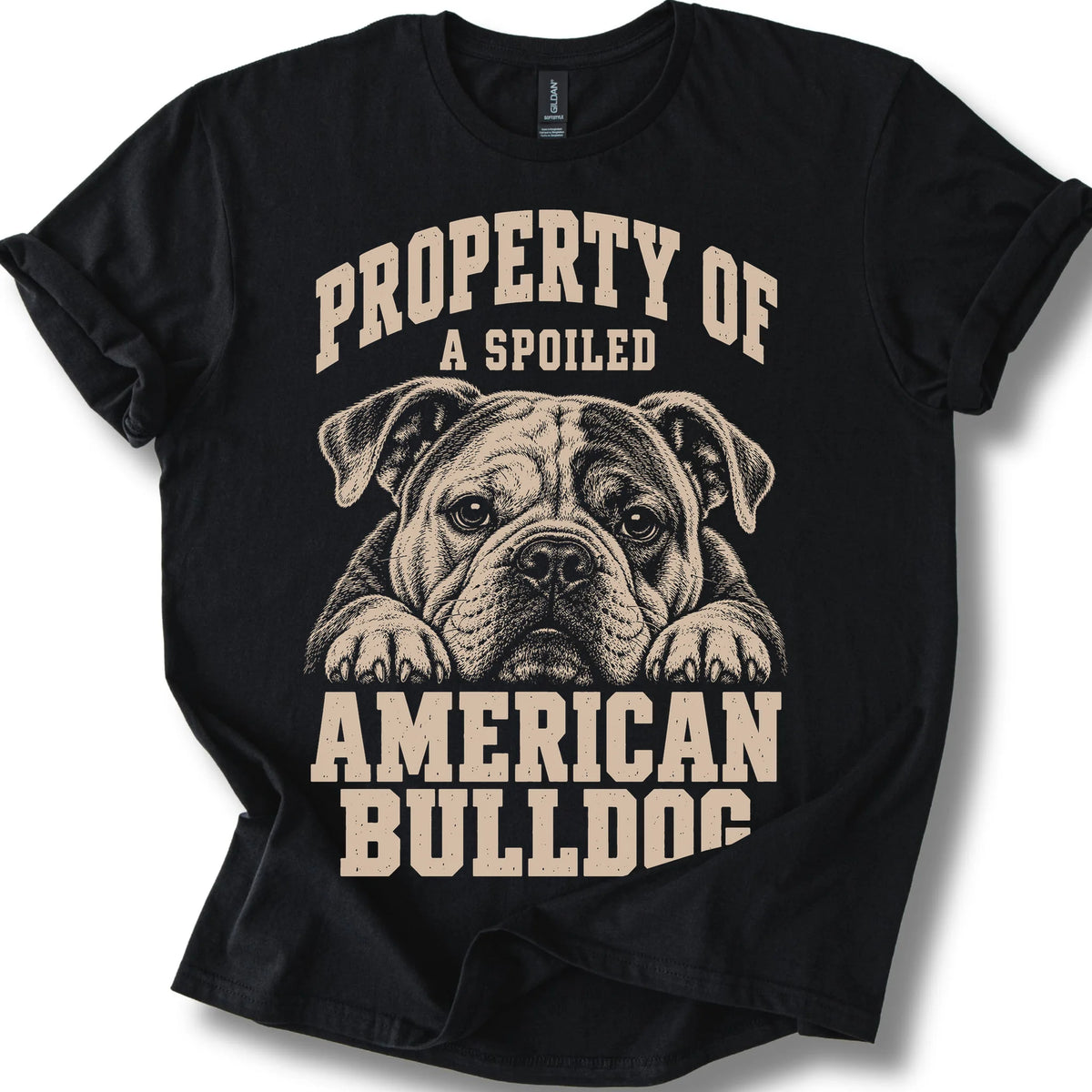 Black American Bulldog T-shirt with a dog portrait and “Property of a Spoiled” lettering.