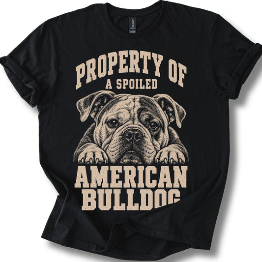 Black American Bulldog T-shirt with a dog portrait and “Property of a Spoiled” lettering.