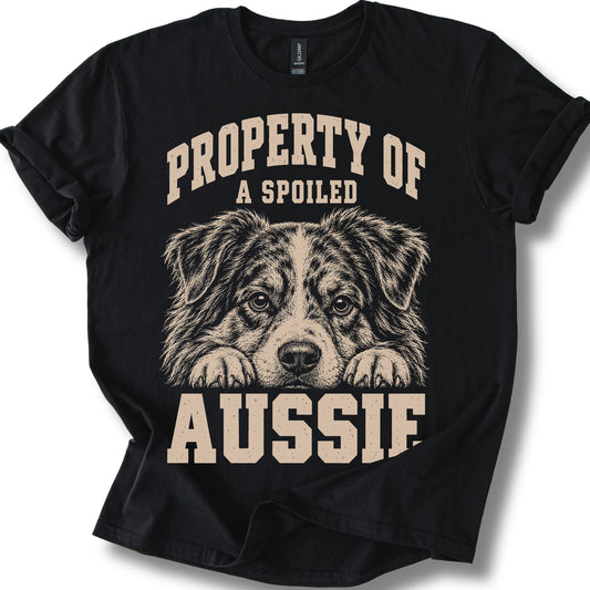 Black Australian Shepherd T-shirt with a dog portrait and “Property of a Spoiled” lettering.