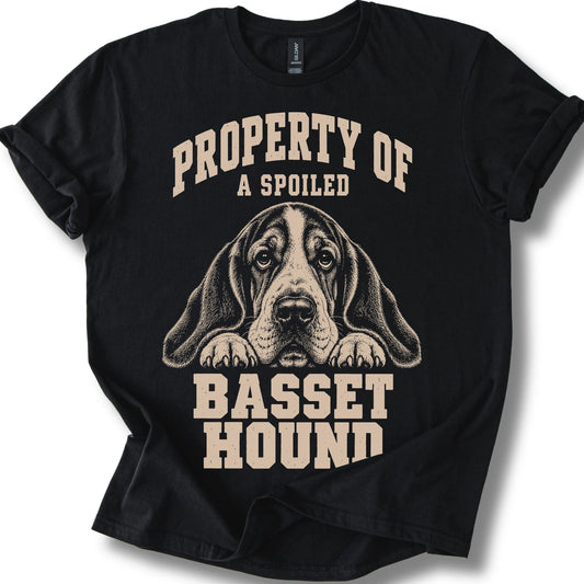 Black Basset Hound T-shirt with a dog portrait and “Property of a Spoiled” lettering.
