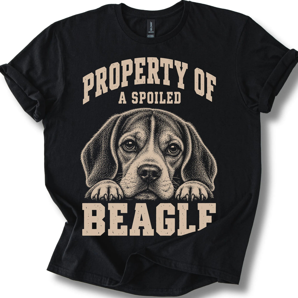 Black Beagle T-shirt with a dog portrait and “Property of a Spoiled” lettering.