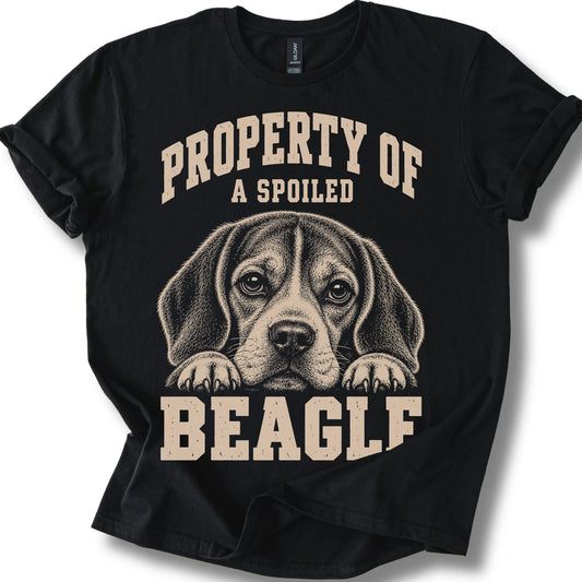 Black Beagle T-shirt with a dog portrait and “Property of a Spoiled” lettering.