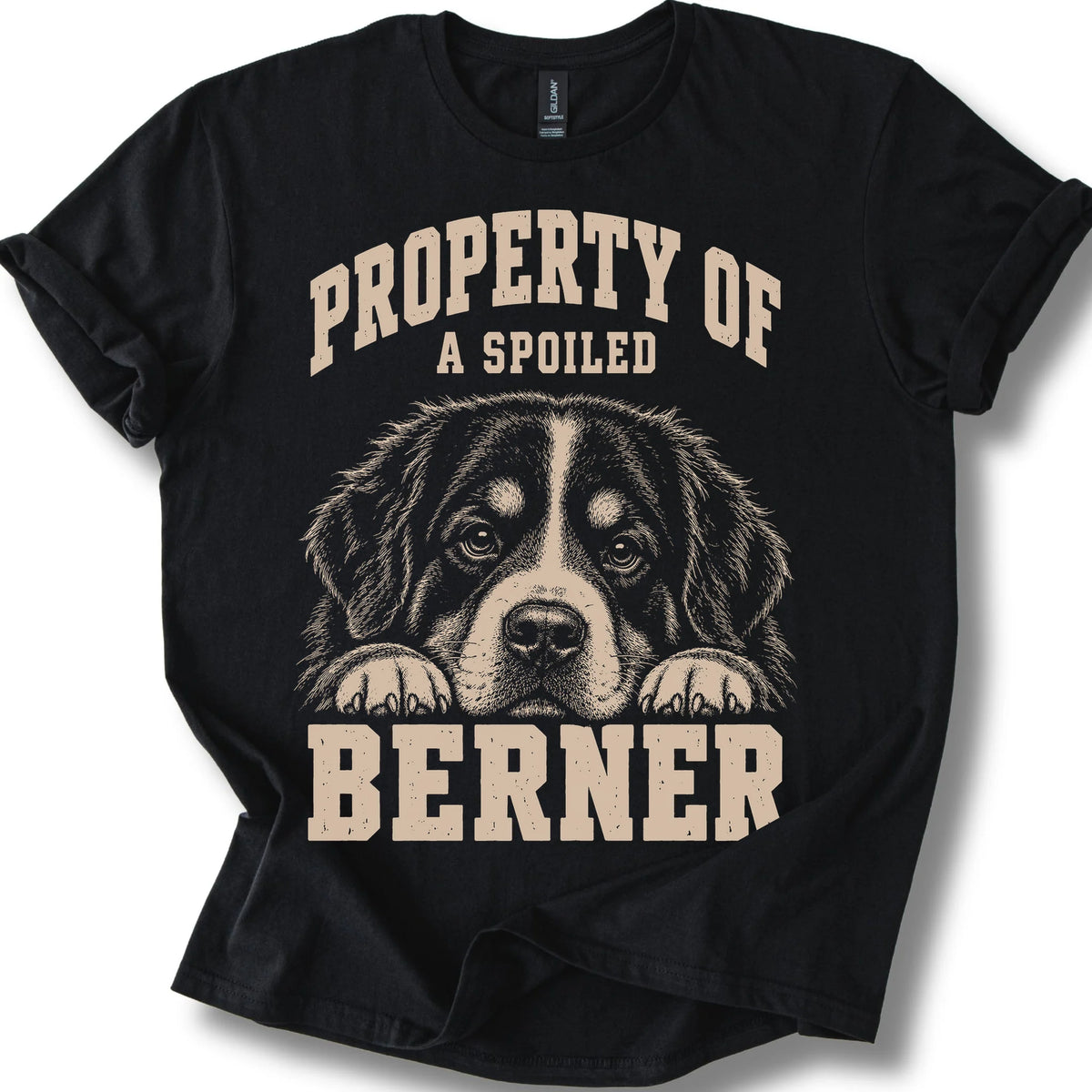 Black Bernese Mountain Dog T-shirt with a dog portrait and “Property of a Spoiled” lettering.