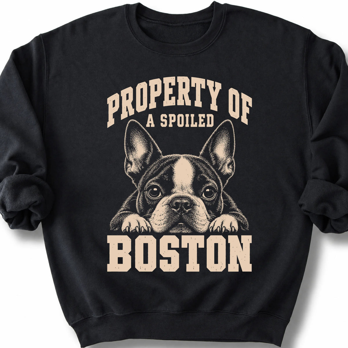 Black Boston Terrier sweatshirt with a dog portrait and “Property of a Spoiled” lettering.