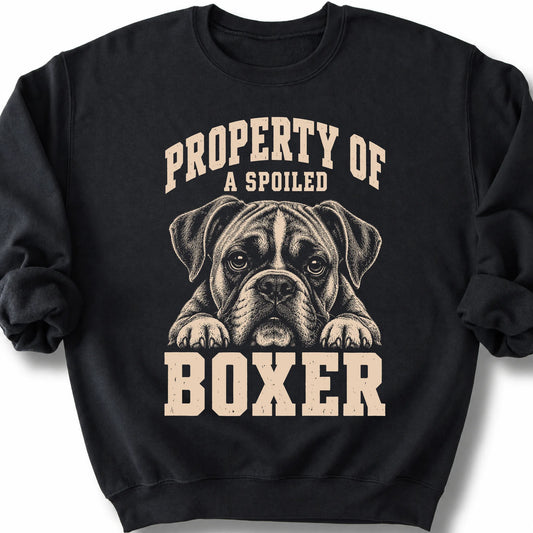 Black Boxer sweatshirt with a dog portrait and “Property of a Spoiled” lettering.