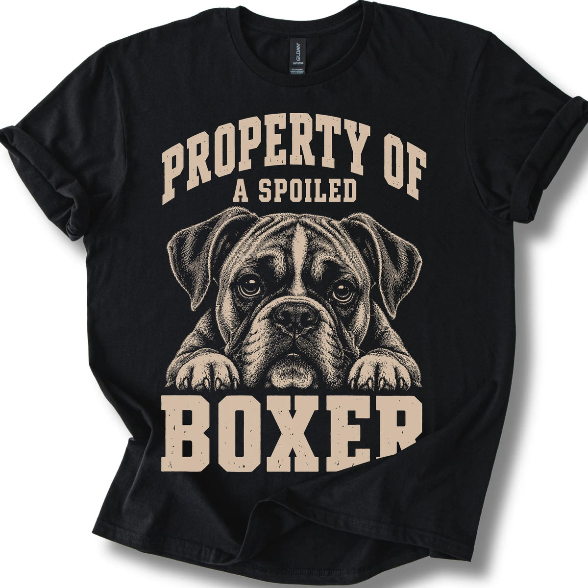 Black Boxer T-shirt with a dog portrait and “Property of a Spoiled” lettering.