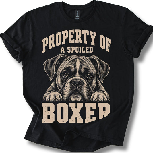 Black Boxer T-shirt with a dog portrait and “Property of a Spoiled” lettering.