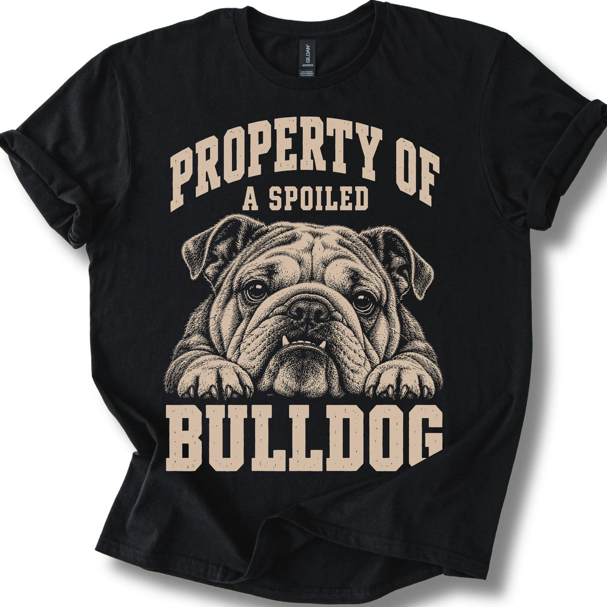 Black Bulldog T-shirt with a dog portrait and “Property of a Spoiled” lettering.