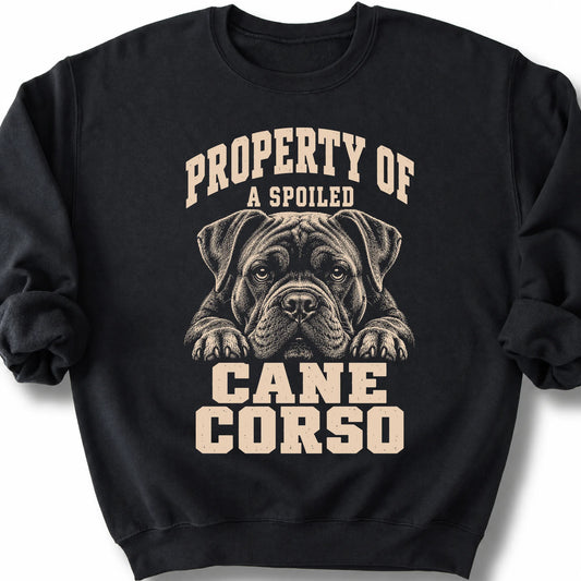 Black Cane Corso sweatshirt with a dog portrait and “Property of a Spoiled” lettering.
