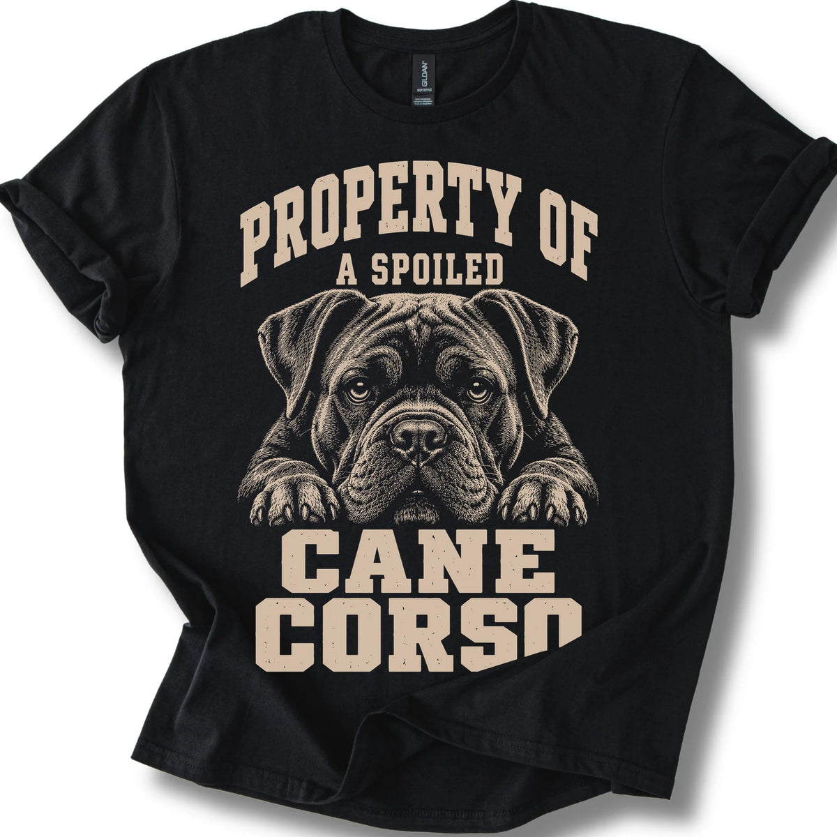 Black Cane Corso T-shirt with a dog portrait and “Property of a Spoiled” lettering.