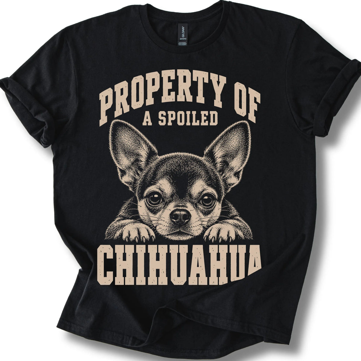 Black Chihuahua T-shirt with a dog portrait and “Property of a Spoiled” lettering.