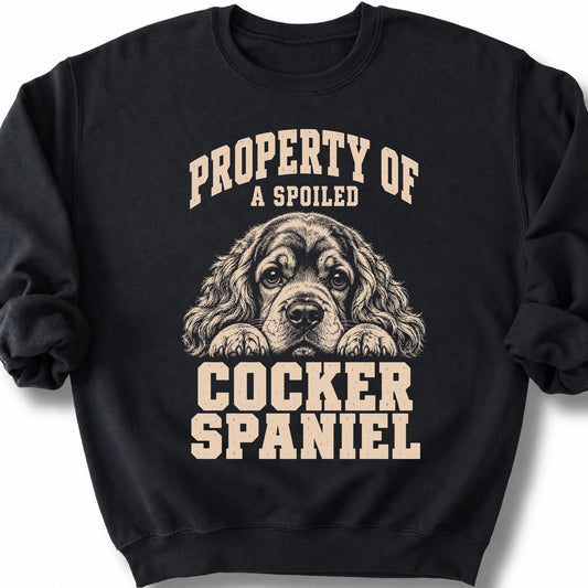Black Cocker Spaniel sweatshirt with a dog portrait and “Property of a Spoiled” lettering.