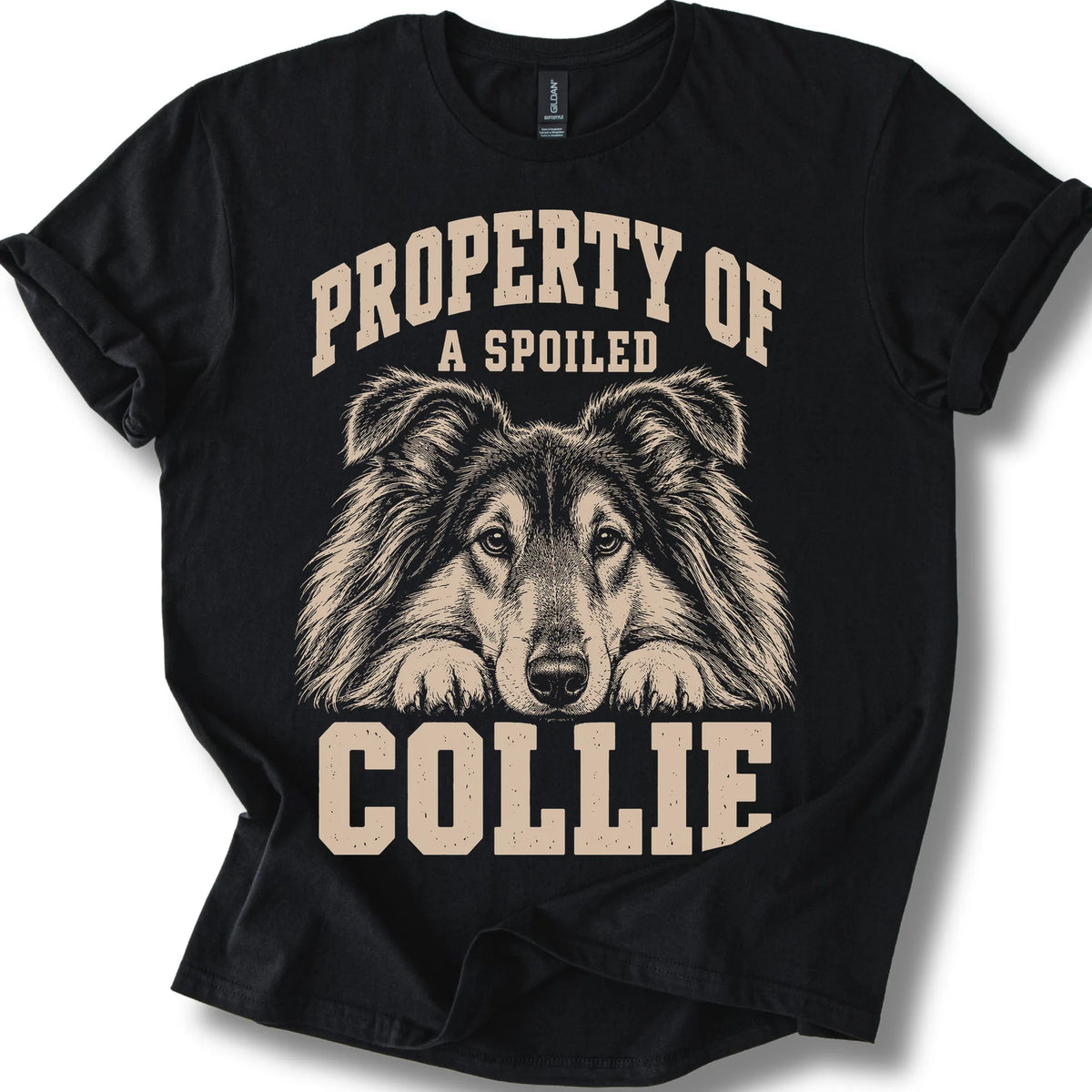 Black Collie T-shirt with a dog portrait and “Property of a Spoiled” lettering.